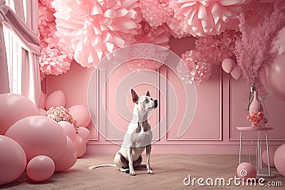 Little cute dog chihuahua in pink room with laces. Generated AI. Stock Photo