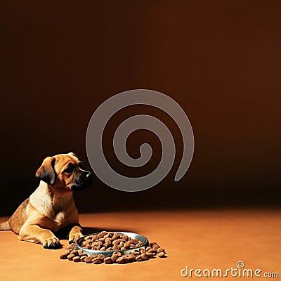 little cute dog puppy sitting by big bowl of dry food on brown background copy space generative ai pets care Stock Photo