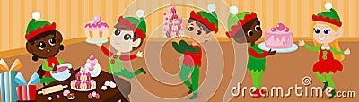 Little cute elves are inside the house of Santa Claus and they are preparing Christmas sweets. Banner Christmas illustration. Cartoon Illustration