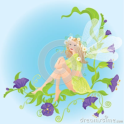 Little cute forest fairy sitting on beautiful wild Vector Illustration