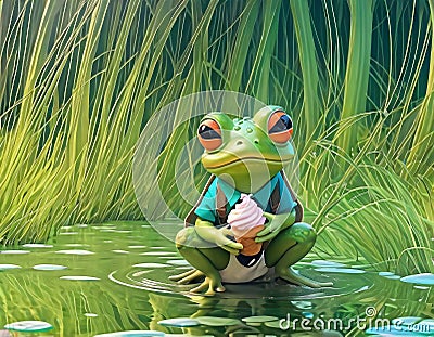 Little cute frog in sunglasses shorts and shirt eats ice cream Stock Photo