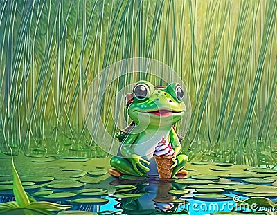 Little cute frog in sunglasses shorts and shirt eats ice cream Stock Photo