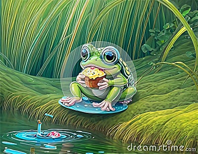 Little cute frog in sunglasses shorts and shirt eats ice cream Stock Photo