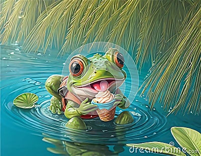 Little cute frog in sunglasses shorts and shirt eats ice cream Stock Photo