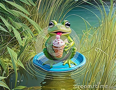 Little cute frog in sunglasses shorts and shirt eats ice cream Stock Photo