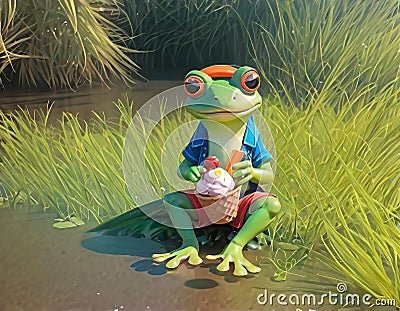 Little cute frog in sunglasses shorts and shirt eats ice cream Stock Photo