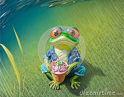 Little cute frog in sunglasses shorts and shirt eats ice cream Stock Photo