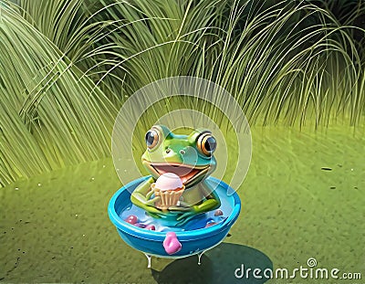 Little cute frog in sunglasses shorts and shirt eats ice cream Stock Photo