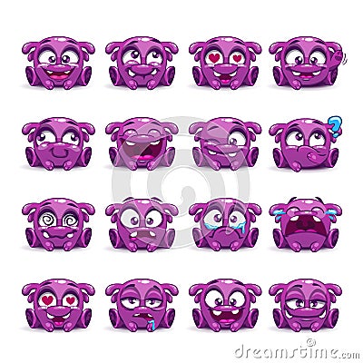 Little cute funny purple alien emotions set. Vector Illustration