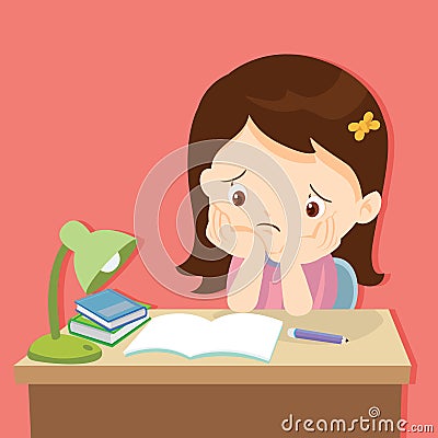 Little cute girl bored homework Vector Illustration