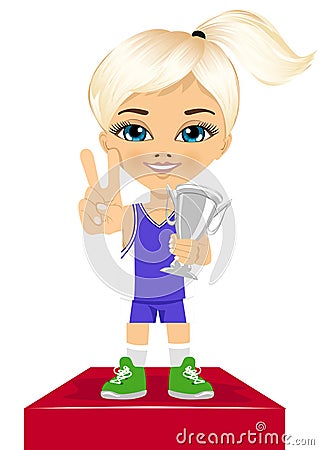 Little cute girl celebrates her silver trophy Vector Illustration