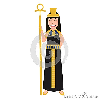 Little cute girl in cleopatra costume, ancient egyptian queen character, gold necklace and headdress, historical leader Vector Illustration