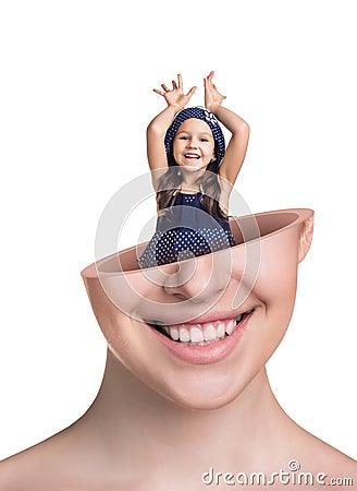 Little cute girl inside open woman's head Stock Photo