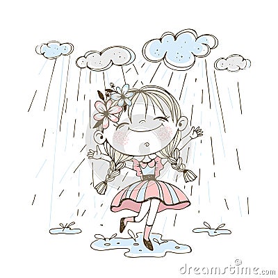 A little cute girl runs merrily through puddles in the rain. Vecto. Vector Illustration