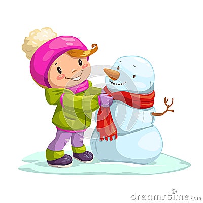 Little cute girl with snowman Vector Illustration