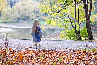 Little cute girl walks in a beautiful autumn park Stock Photo