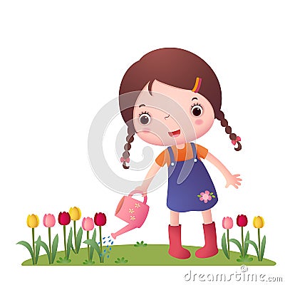 Little Cute Girl Watering Flowers Vector Illustration