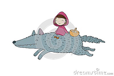 Little cute girl and a wolf. Vector Illustration