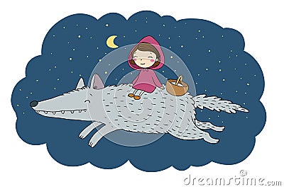 Little cute girl and a wolf. Vector Illustration