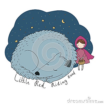 Little cute girl and a wolf. Vector Illustration