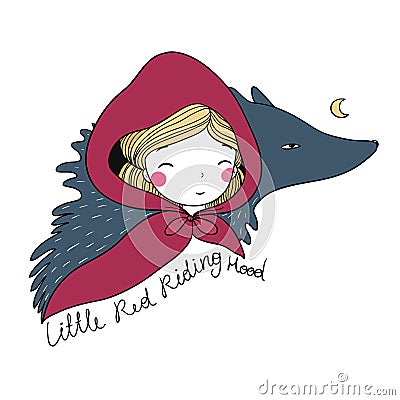 Little cute girl and a wolf. Vector Illustration