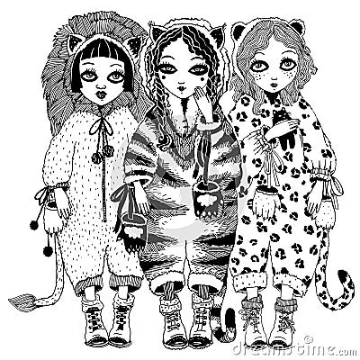 Girls wild cat costums of tiger, leopard, lion. Vector Illustration