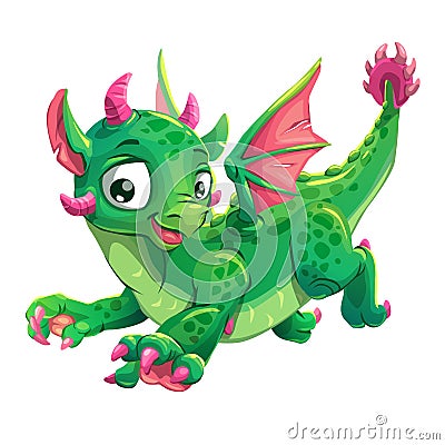 Little cute green flying young dragon Vector Illustration