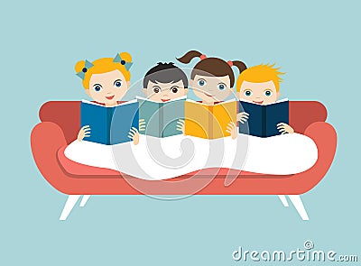 Little cute group of three children reading a books sitting on the sofa. Vector Illustration