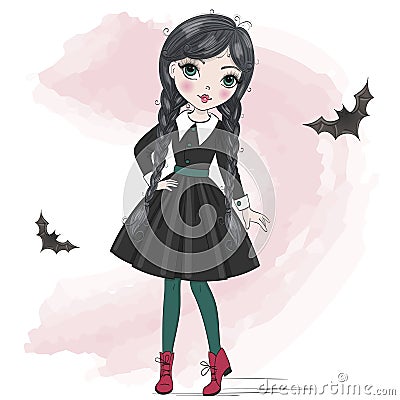 Little cute Halloween girl witch. Vector Illustration