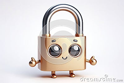 little cute happy lock 3d character with bulging eyes on solid a white background. ai generative Stock Photo