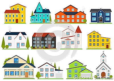 Little cute house or apartments. Family american townhouse. Neighborhood with cozy homes. Traditional Modern cottage for Vector Illustration