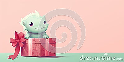 little cute light green acelot among boxes with gifts, banner, copy space Cartoon Illustration