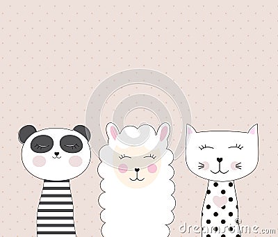 Little cute llama, panda and cat for card and shirt design. Best Friend Concept. Vector Illustration Vector Illustration