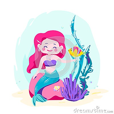 Little cute mermaid sitting on a rock. Siren with fish, coral, shellfish, seaweed. Sea theme Vector Illustration
