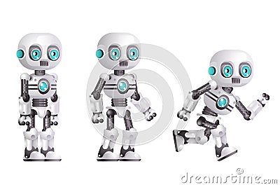 Little cute modern android run stand robot character artificial intelligence isolated on white background 3d realistic Vector Illustration