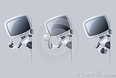 Little cute monitor head robot look out corner help technology science fiction future sale 3d design vector illustration Vector Illustration