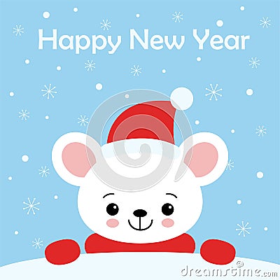 Little Cute Mouse in a red Santa s cap and scarf Cartoon Illustration