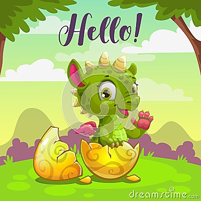 Little cute newborn baby dragon. Vector childish illustration. Vector Illustration