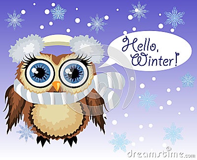 little cute owl fluffy, soft headphones with cold and scarf Stock Photo