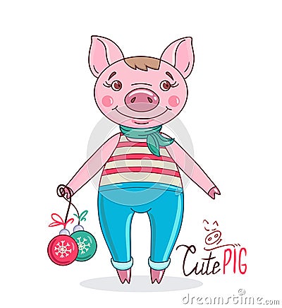 Little cute pig in cartoon style holding Christmas balls in his hand Vector Illustration