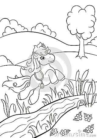 Little cute pony jumping over the river on the field. Vector Illustration