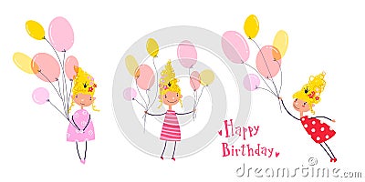 Little cute princess collection. Girls with balloons. Vector Illustration
