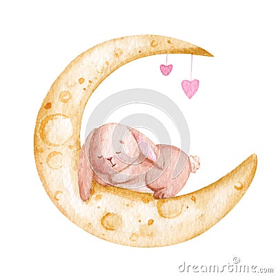 Little cute rabbit sleeping on the moon with hearts. Watercolor hand drawn illustration, can be used for postcards and Cartoon Illustration