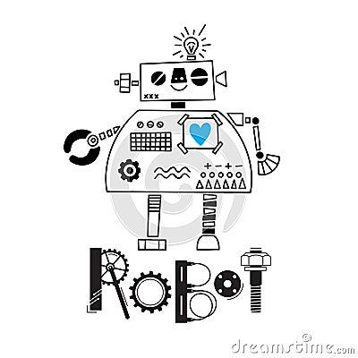 Little cute robot and the inscription of the details and gears. Vector illustration Vector Illustration