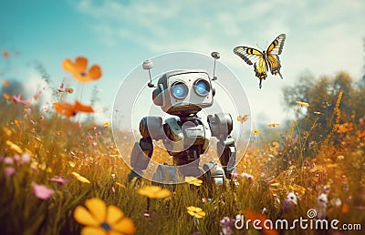 Little cute robot lost in a field full of flowers on a beautiful day, discovering the earth and exploring nature with curiosity Stock Photo