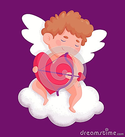 Little cute cupid boy character sitting on a cloud with a love bow in hands valentines day vector illustration clipart Vector Illustration