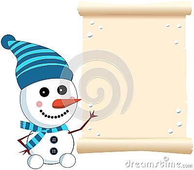 Little Cute Snowman and Parchment Sign Vector Illustration
