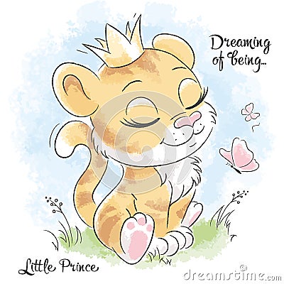 Little cute tiger is dreaming. Series of illustrations Dream of being. Fashion illustration drawing in modern style for clothes Vector Illustration