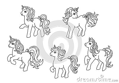 Little cute unicorns, magic ponies, horses coloring page. Vector Illustration