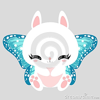 Little cute white bunny with blue butterfly wings. Romantic character. Greeting card. Beautiful sticker. Vector Illustration